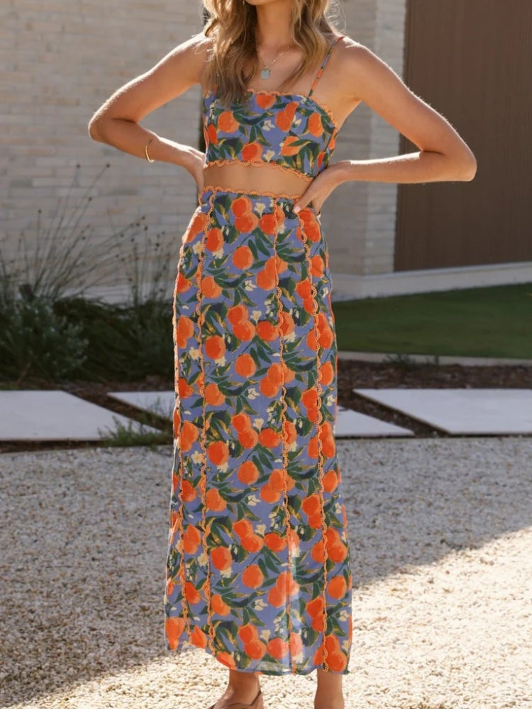 Women's linen skirt set with lace trim and side slit detail