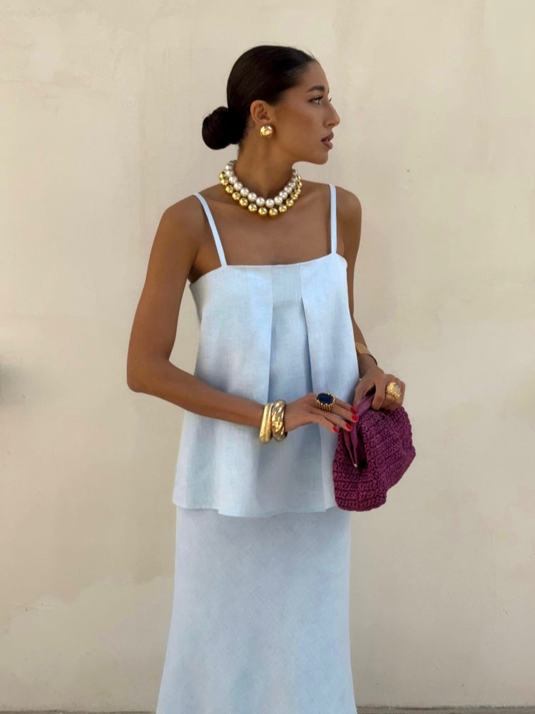 Women's linen off-shoulder camisole and A-line skirt set