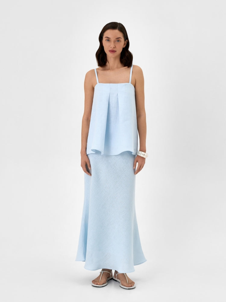 Women's linen off-shoulder camisole and A-line skirt set — detail view