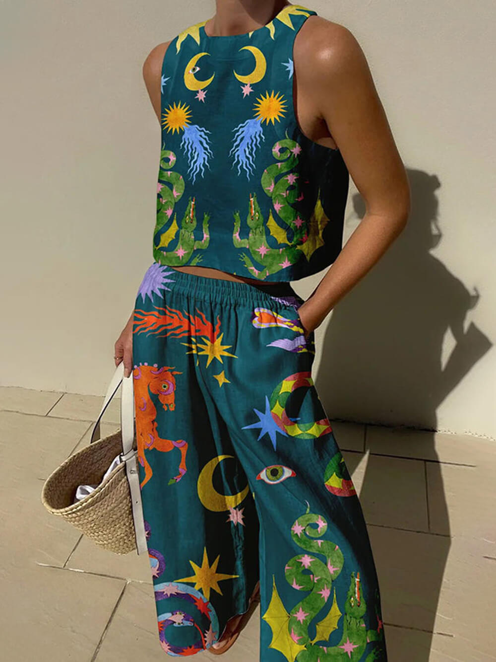 Women's linen blend print tank top and shorts set
