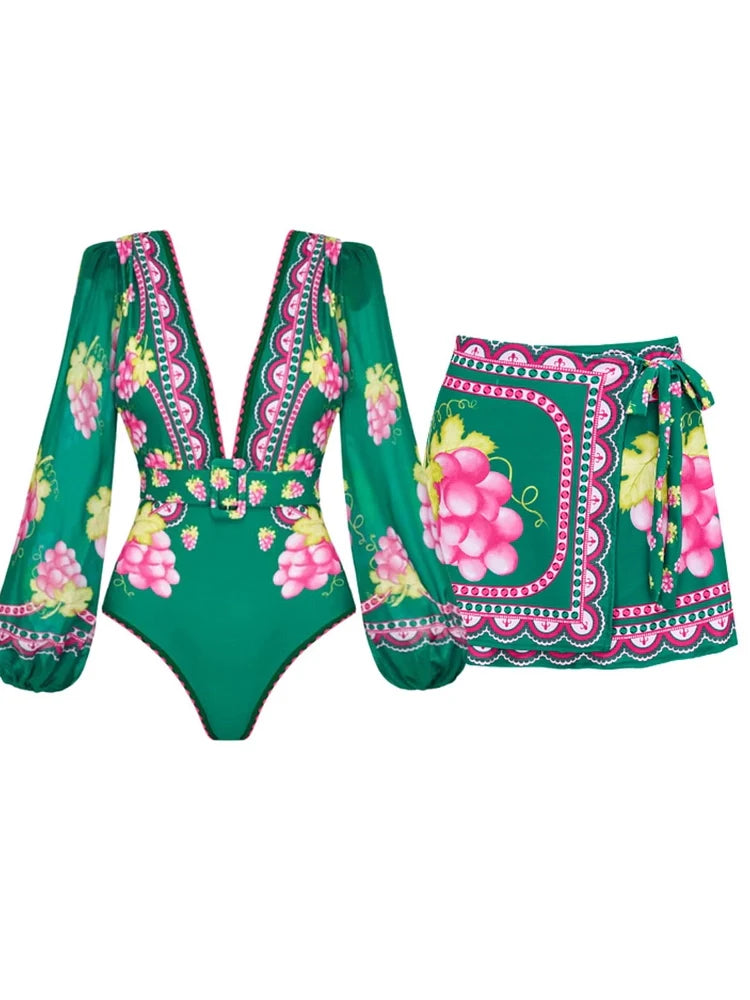 Women's long-sleeve skirted swimsuit