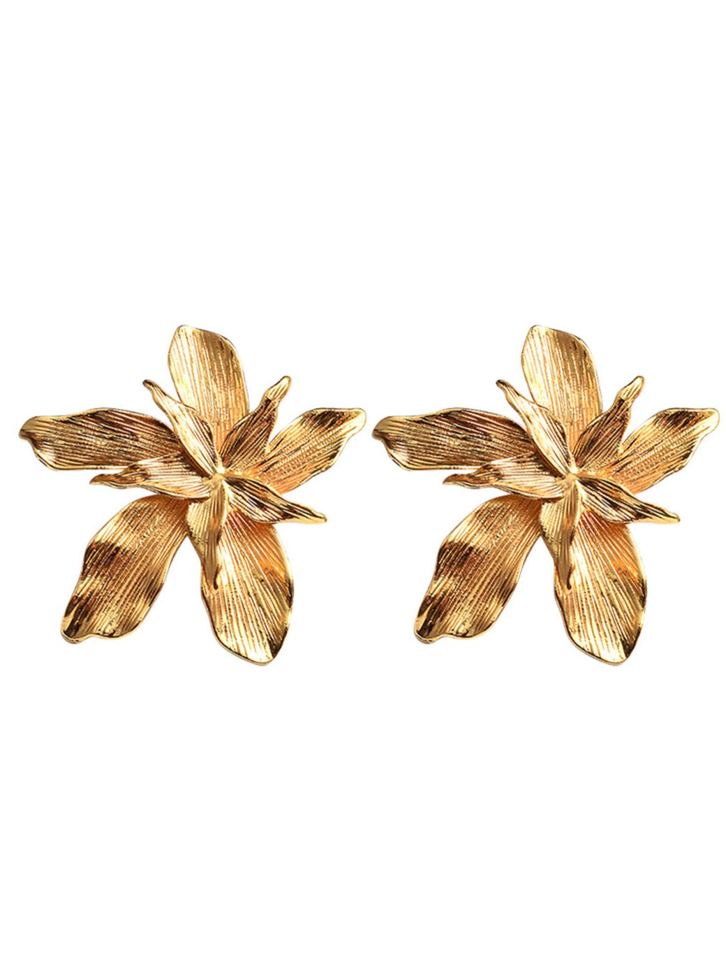 Women's gold metal flower earrings — detail view