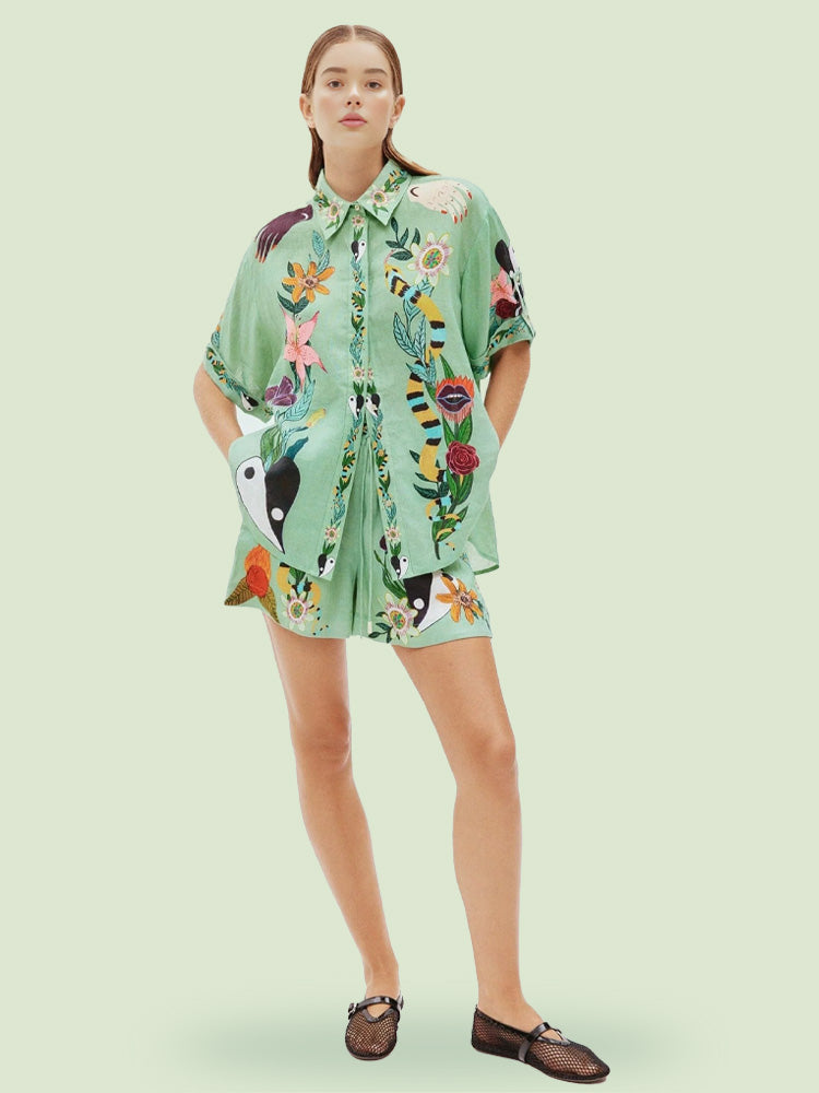 Women's multicolour ethnic print shirt and shorts set