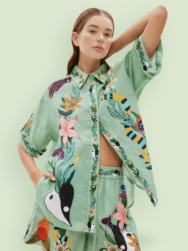 Women's multicolour ethnic print shirt and shorts set — alternate angle