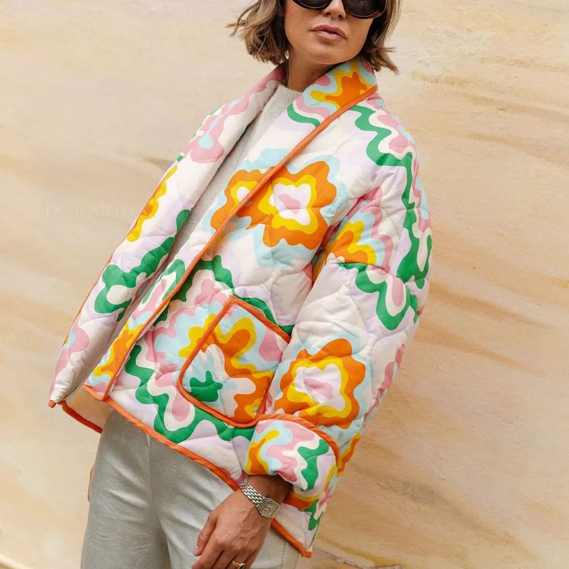 Women's multicolour patchwork print quilted jacket — back view