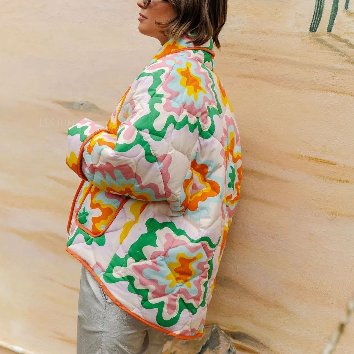 Women's multicolour patchwork print quilted jacket — side detail