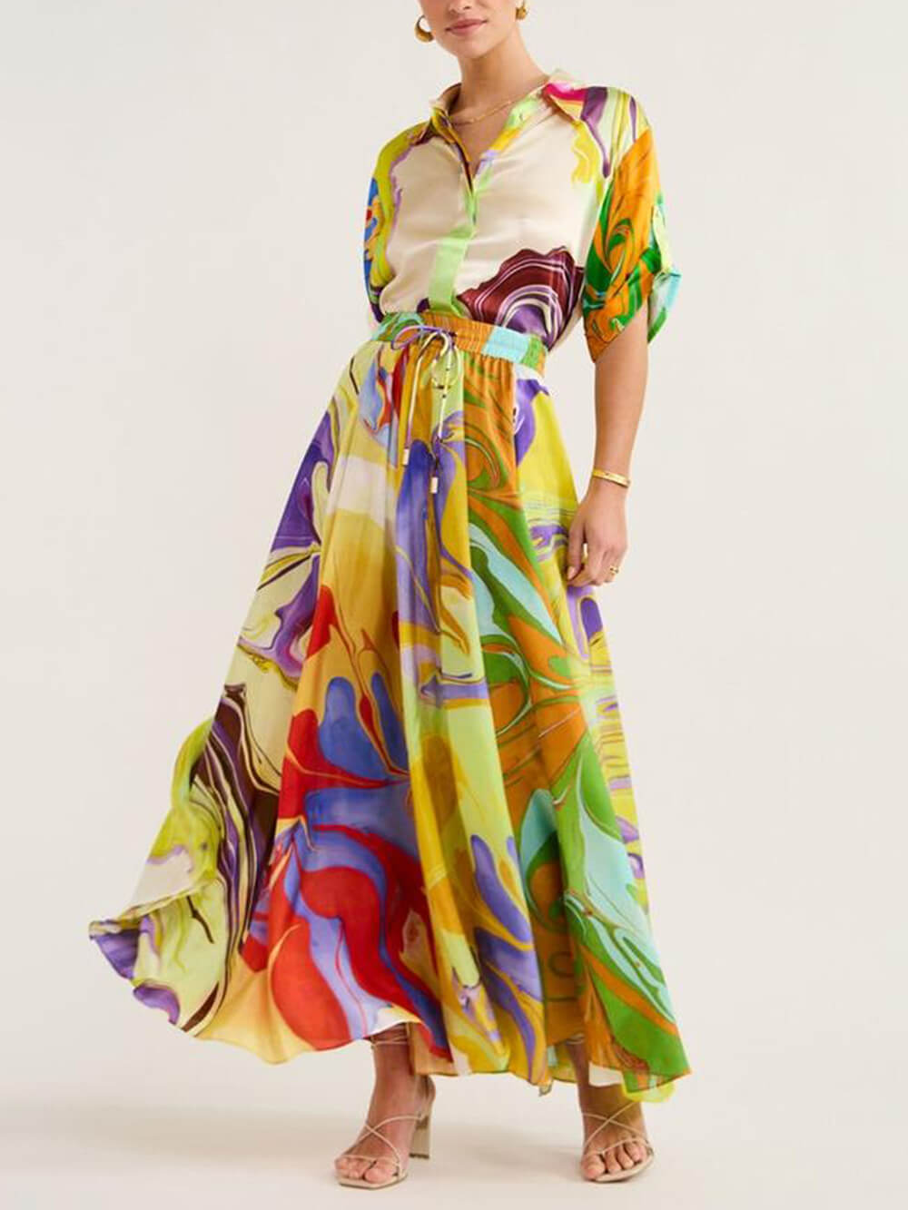 Women's multicolour printed satin blouse and skirt set