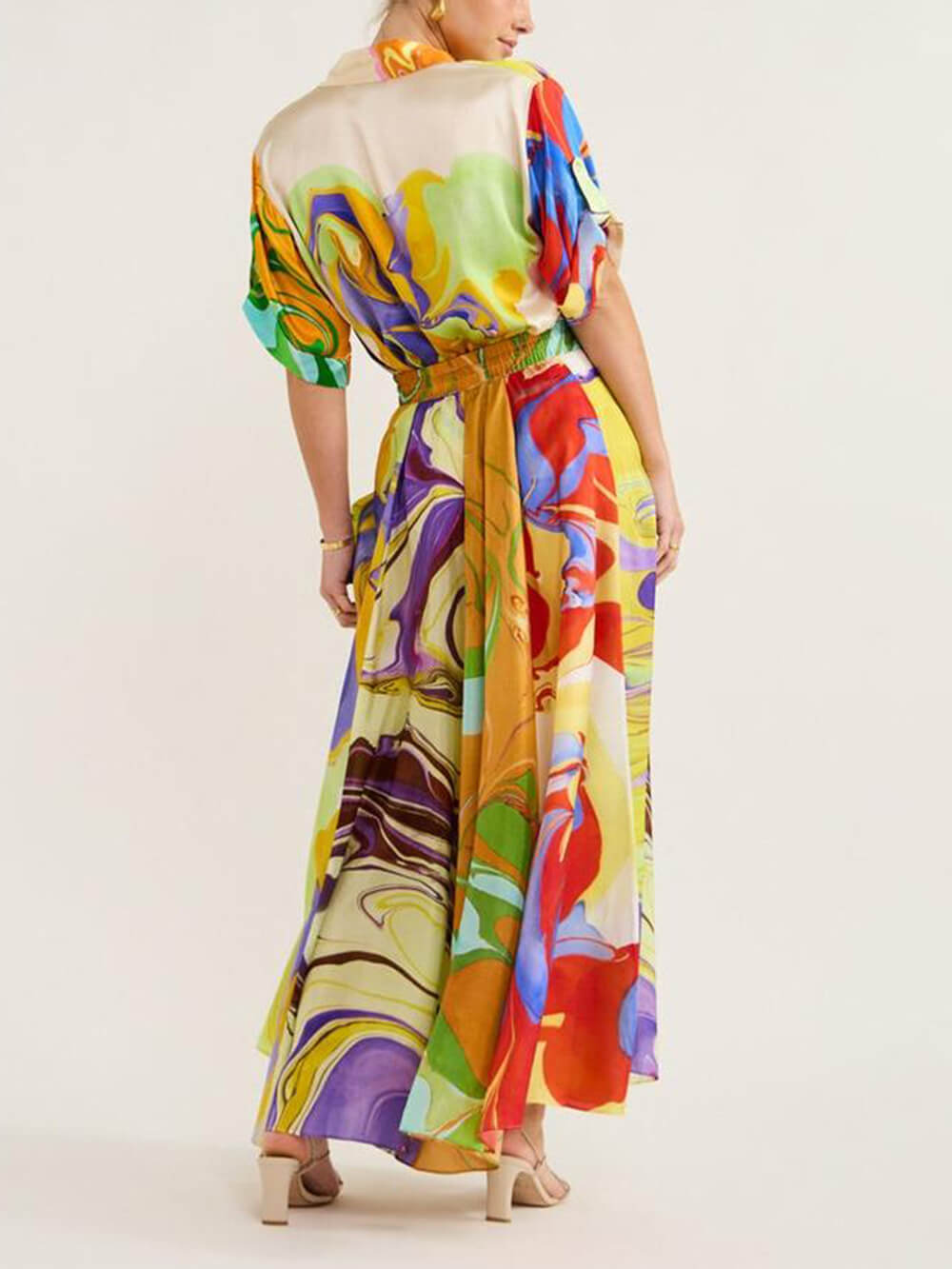 Women's multicolour printed satin blouse and skirt set — alternate angle