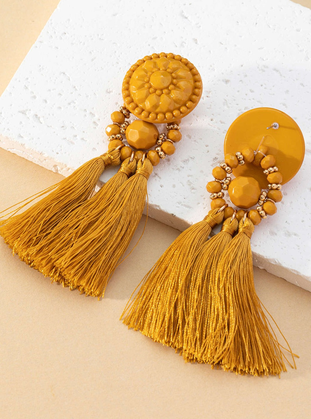 Women's mustard fringe tassel earrings — alternate angle