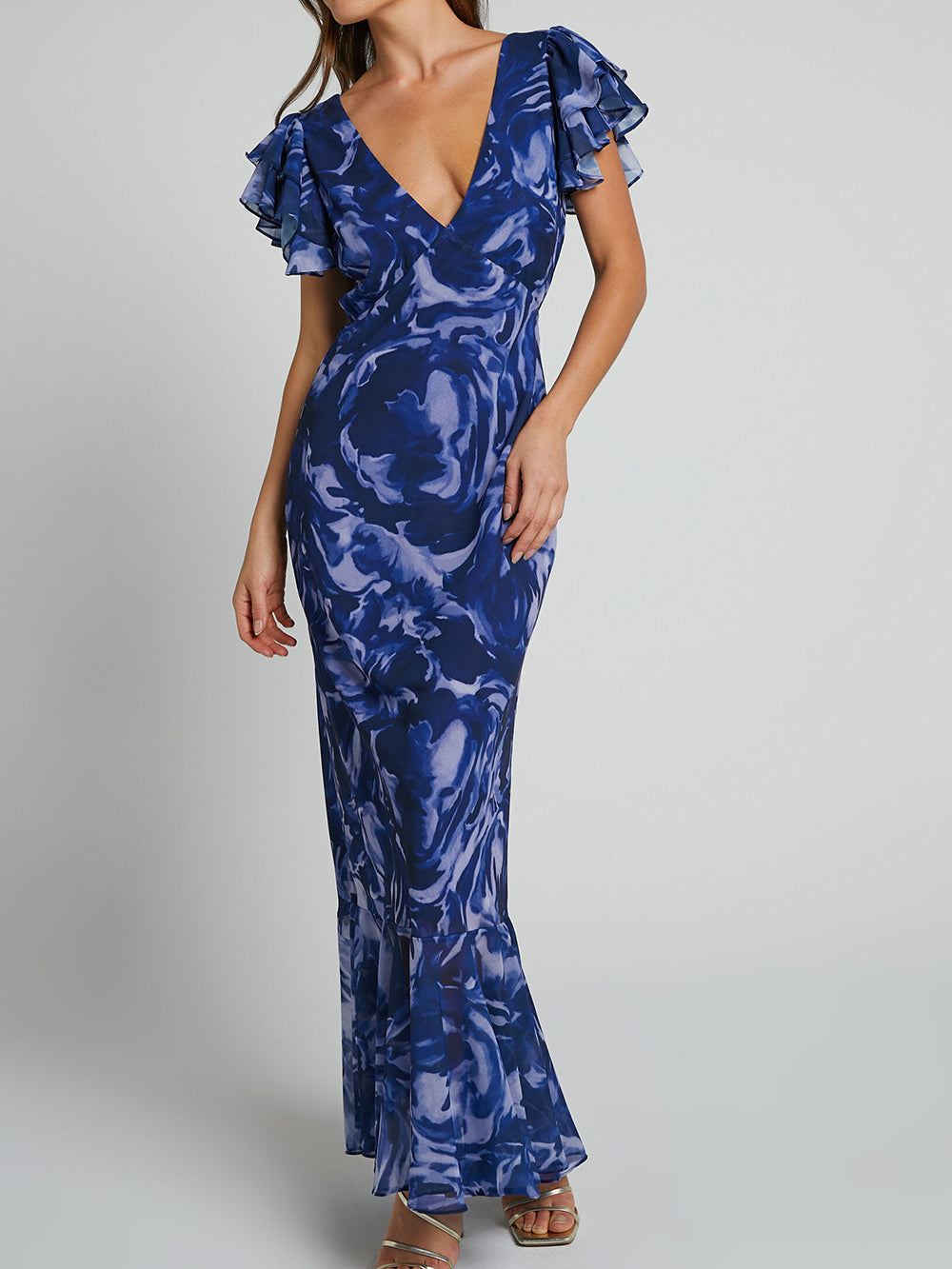 Women's navy V-neck flutter sleeve maxi dress