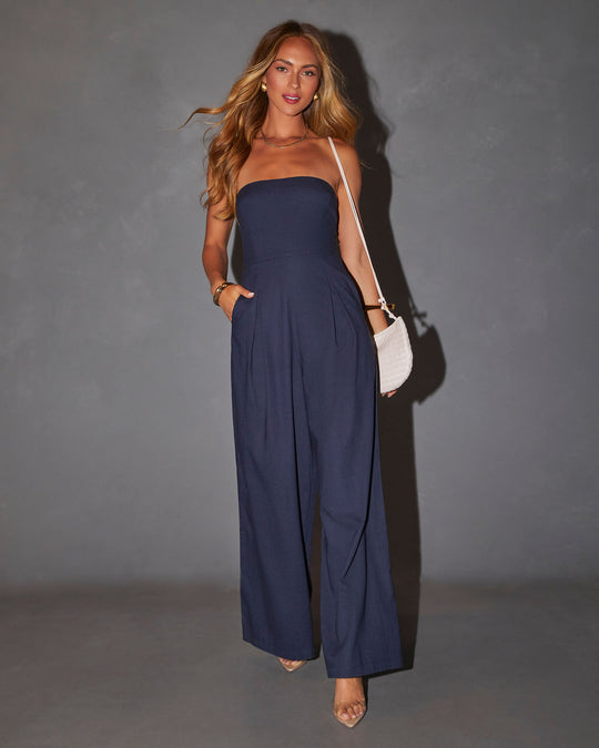 Women's navy strapless jumpsuit — front view