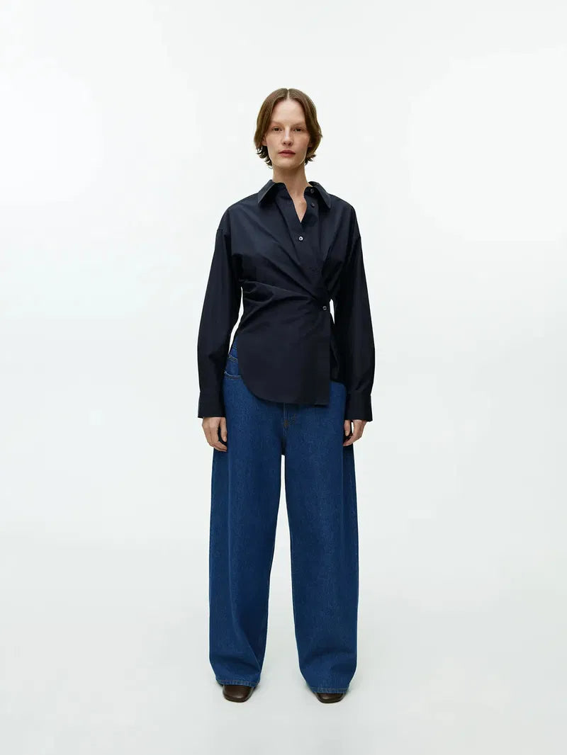 Women's Navy Asymmetric Wrap Shirt — back view