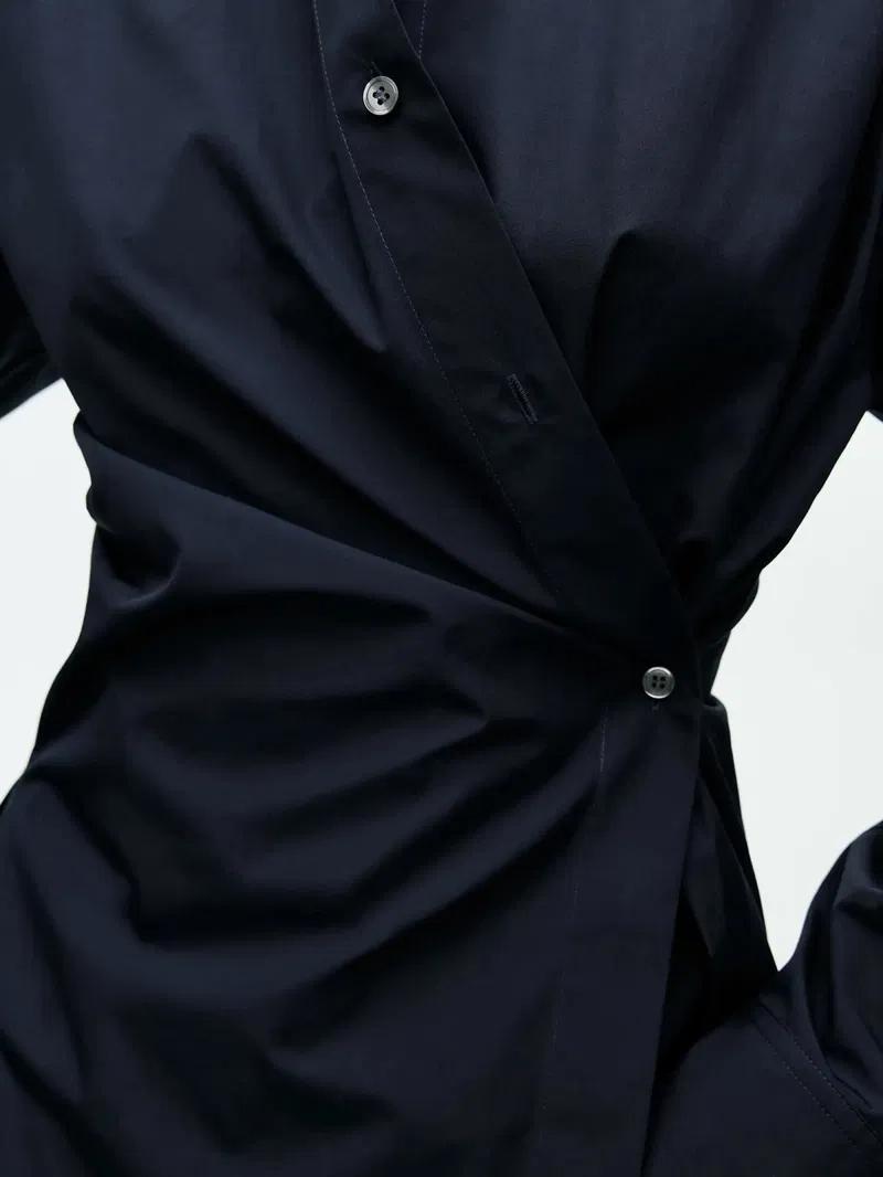 Women's Navy Asymmetric Wrap Shirt — full length