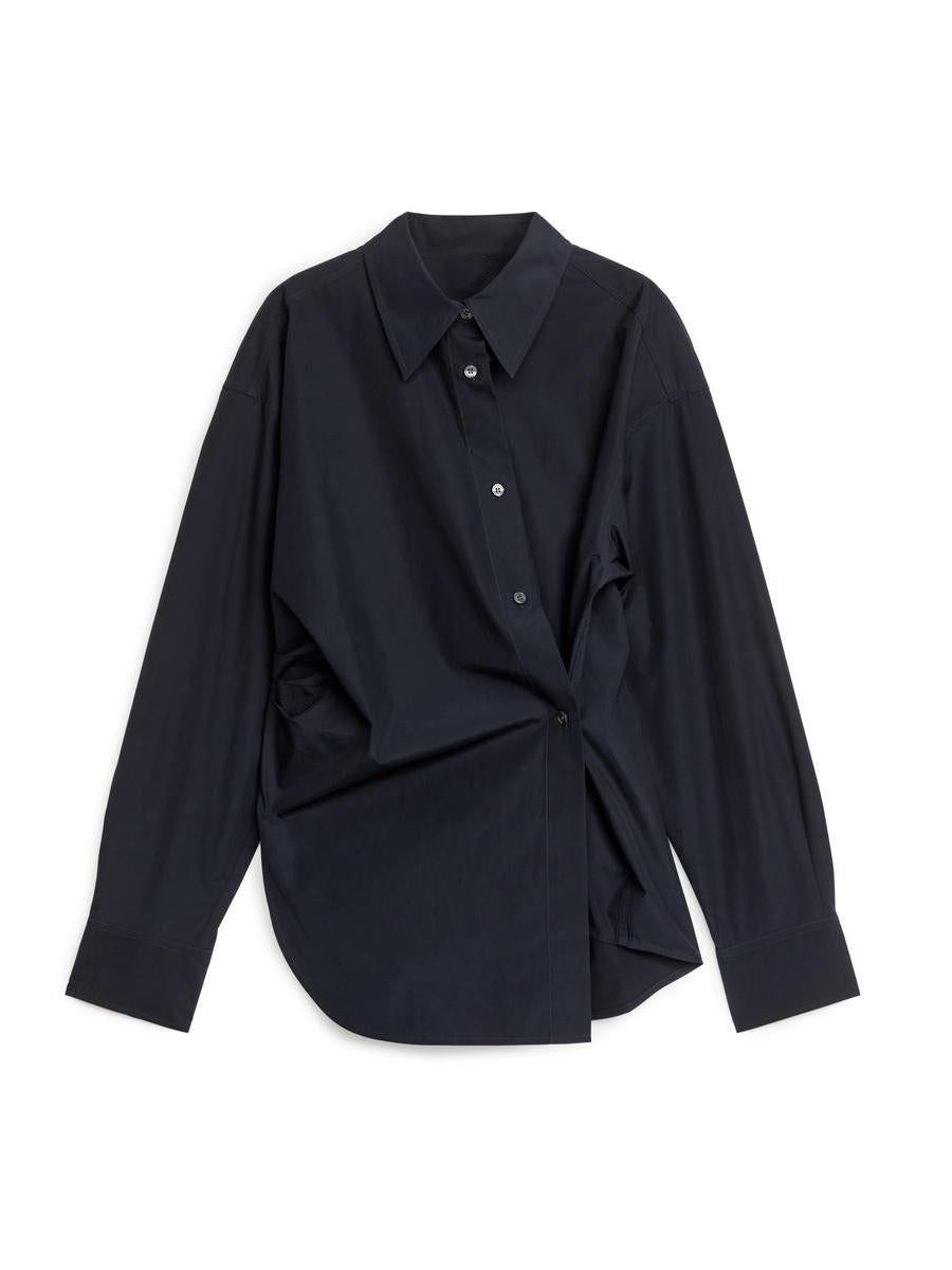 Women's Navy Asymmetric Wrap Shirt — close-up detail