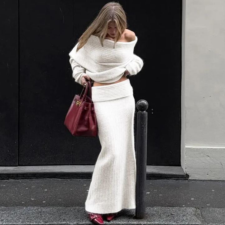 Women's off-shoulder sweater and long skirt set
