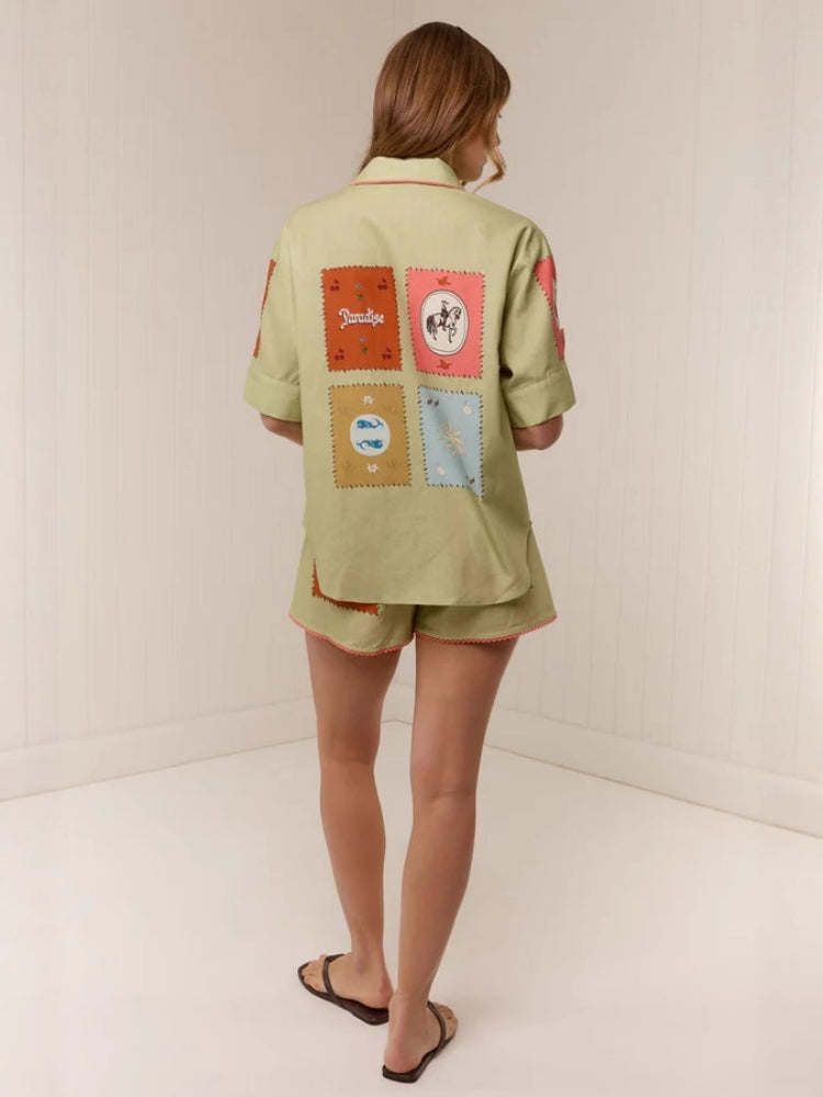 Women's olive linen shirt and shorts set — detail view