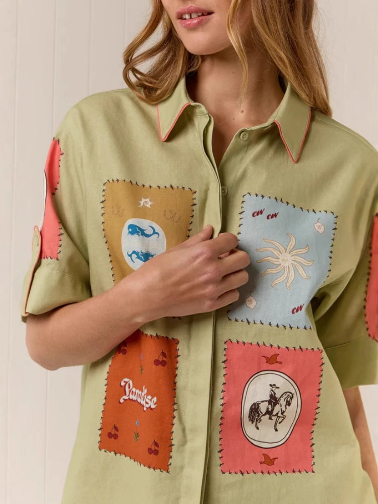 Women's olive linen shirt and shorts set — detail view