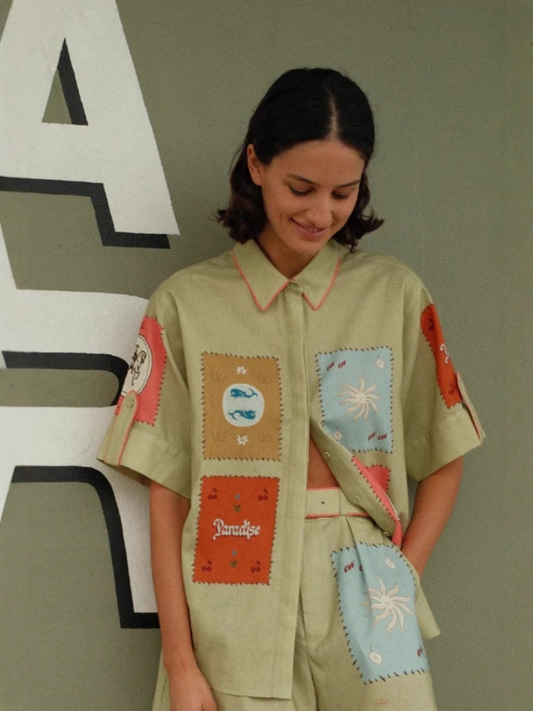 Women's olive linen shirt and shorts set — full length