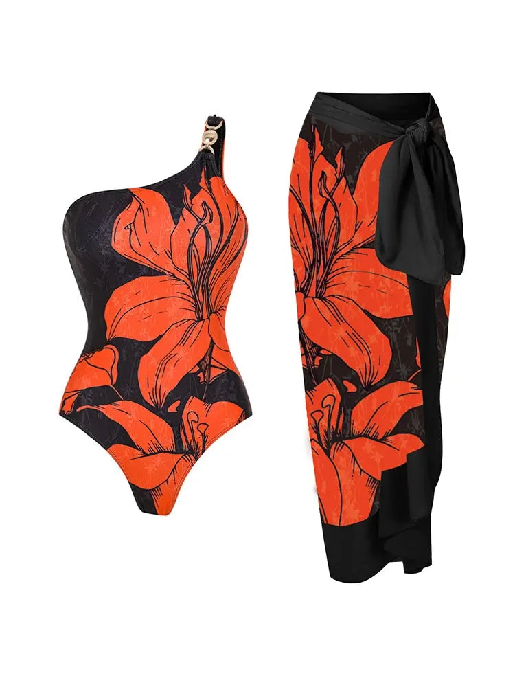 Women's one shoulder print swimsuit set