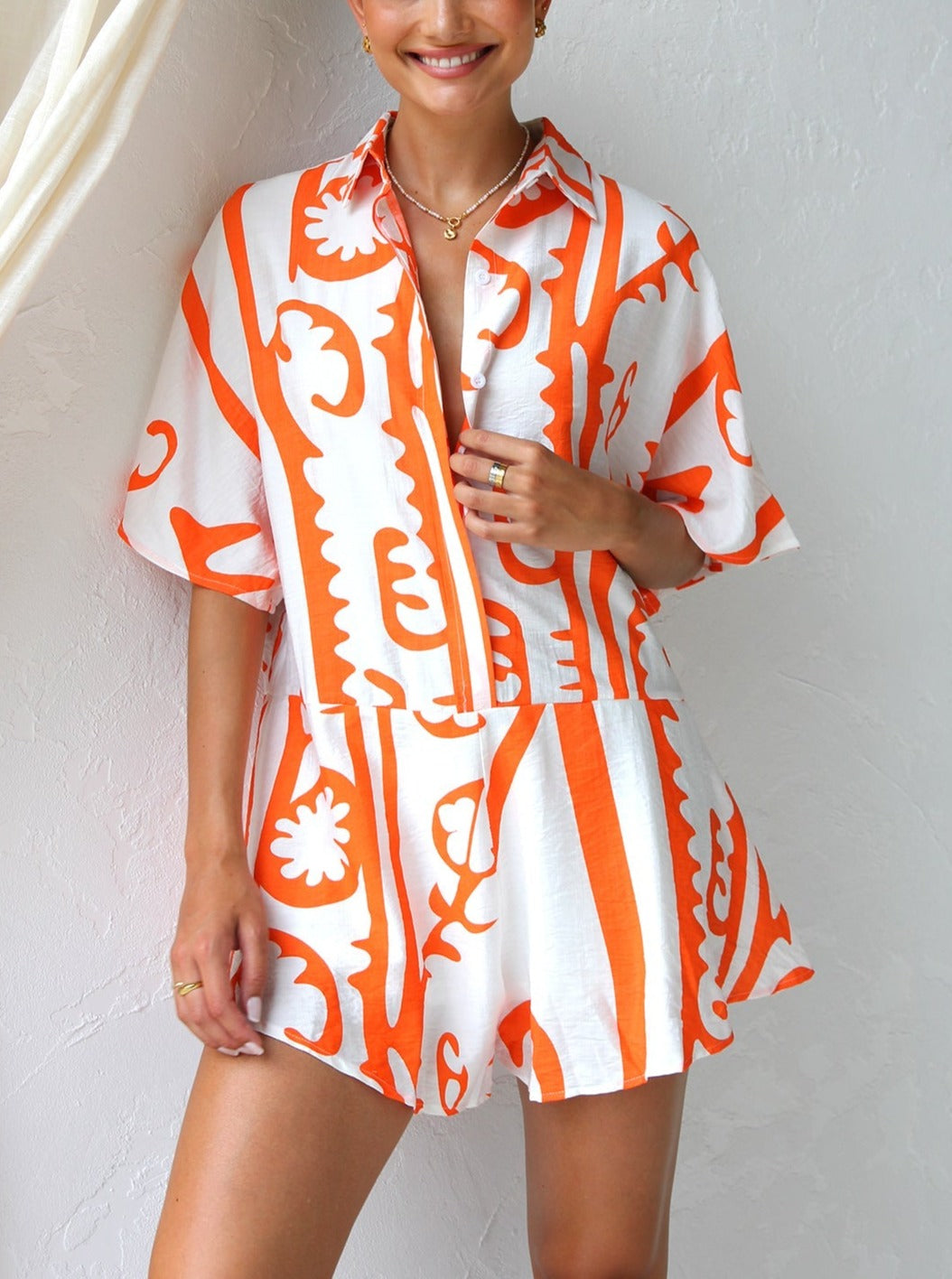 Women's Orange Collared Button-Front Playsuit