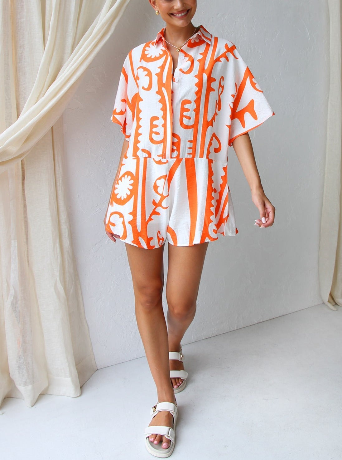 Women's Orange Collared Button-Front Playsuit — front view