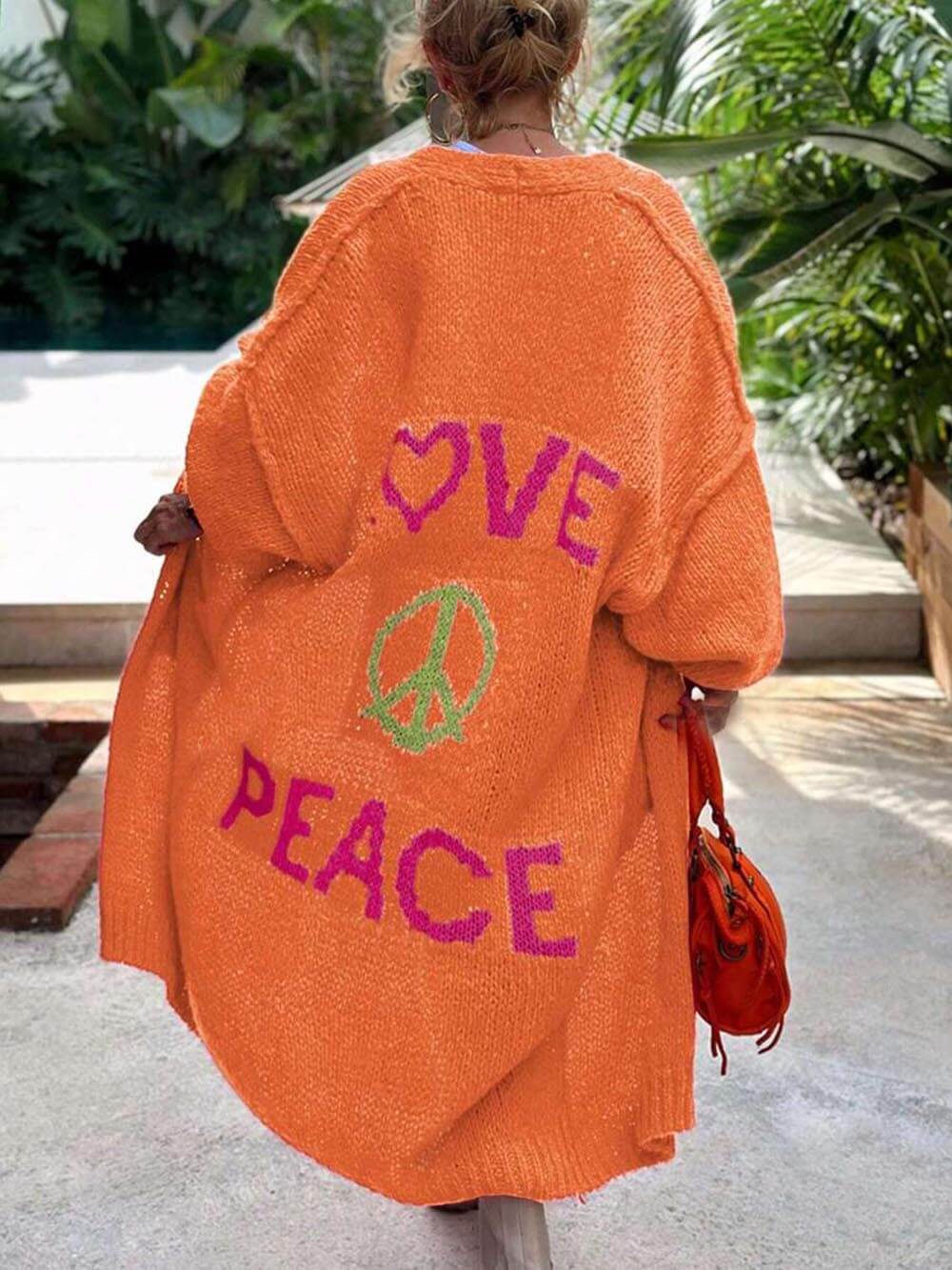Women's orange heart pattern pocket cardigan