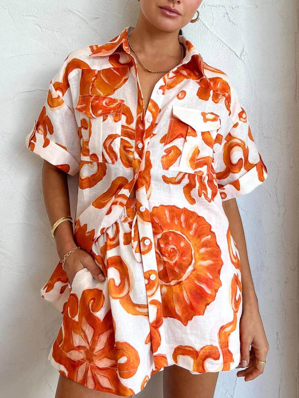 Women's orange lapel shirt and shorts co-ord set