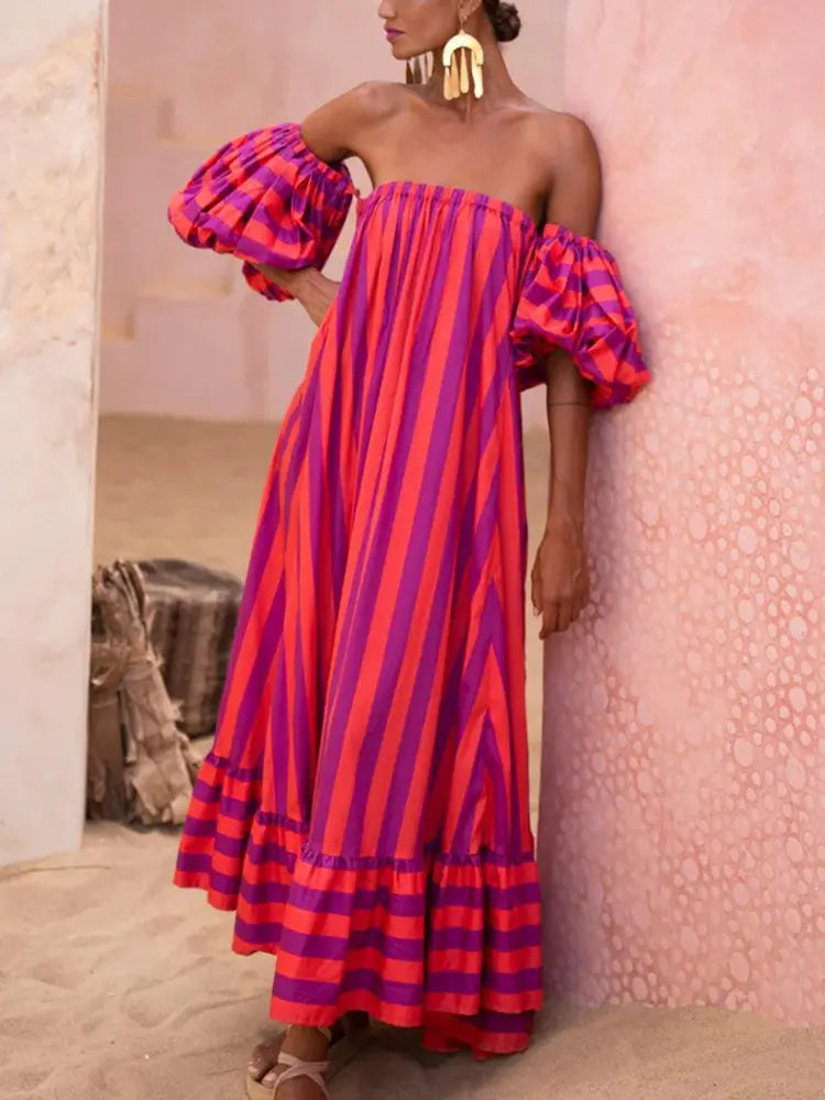 Women's orange puff sleeve striped maxi beach dress