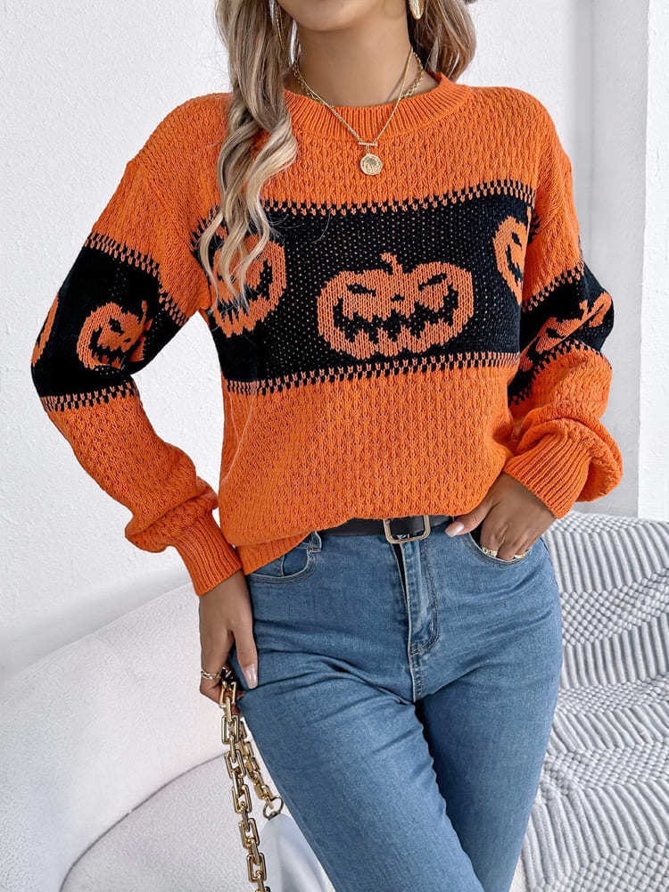 Women's orange pumpkin colour-block crew jumper