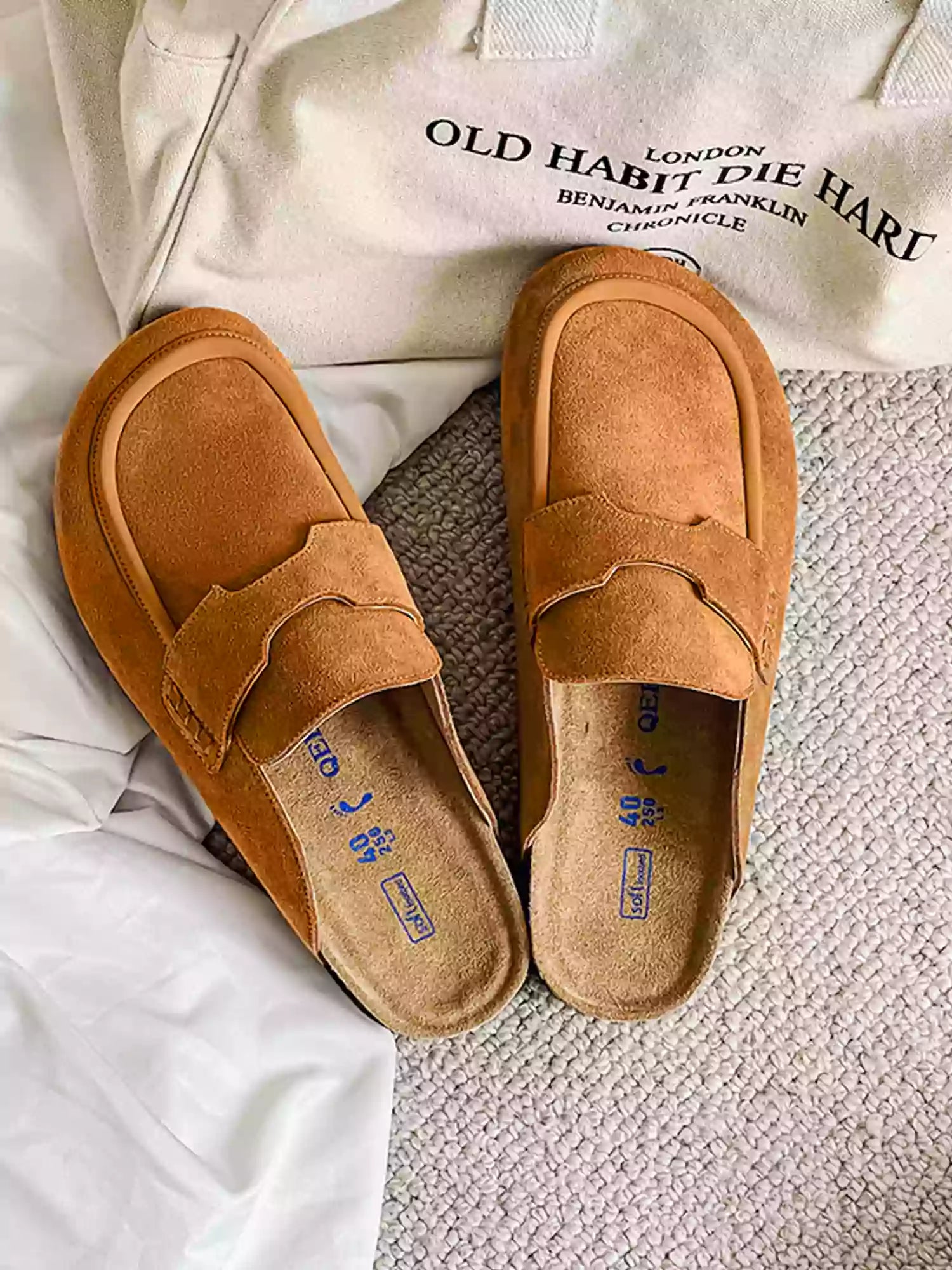 Women's Orange Suede Mules — close-up detail