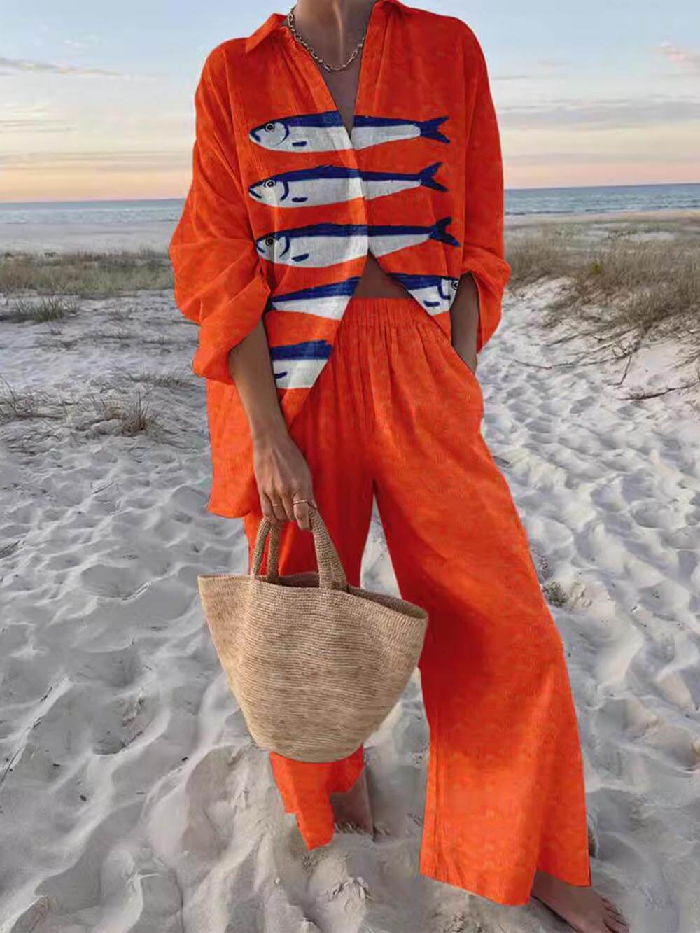 Women's red oversized shirt wide-leg trouser set — alternate angle