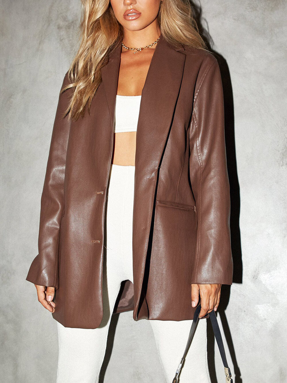 Women's brown oversized structured blazer, front view