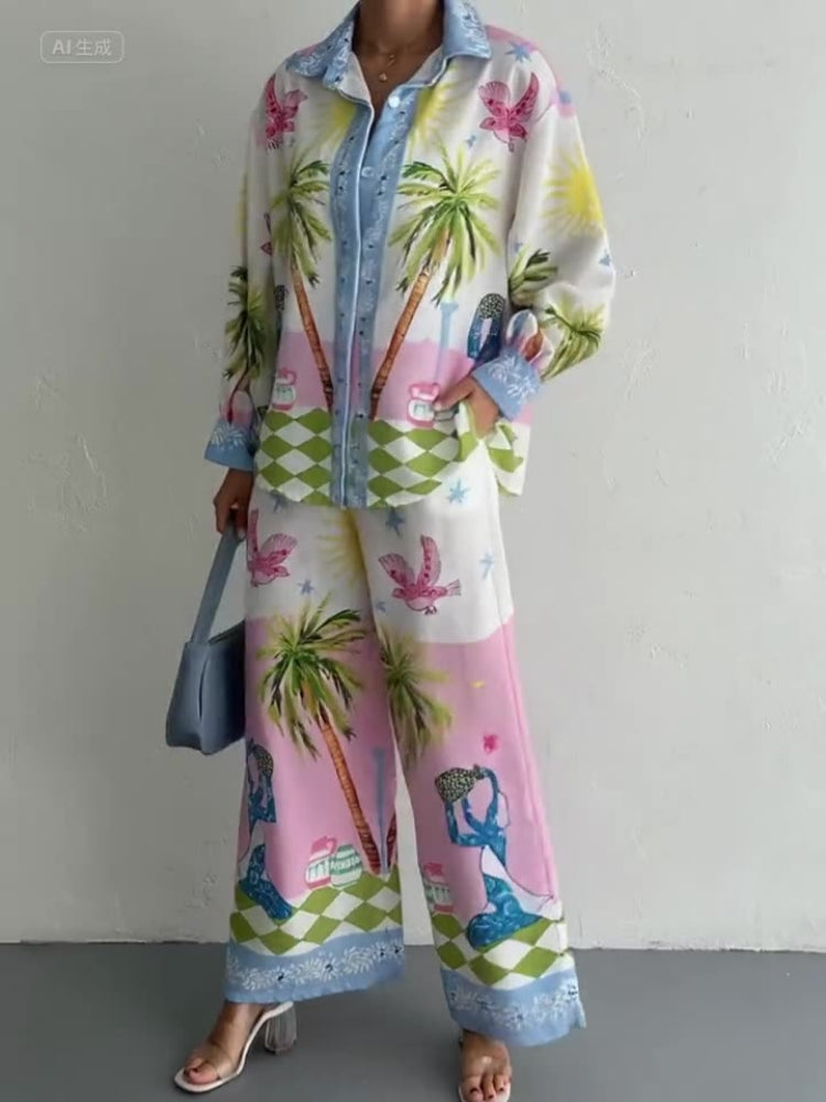 Women's palm tree print two-piece set