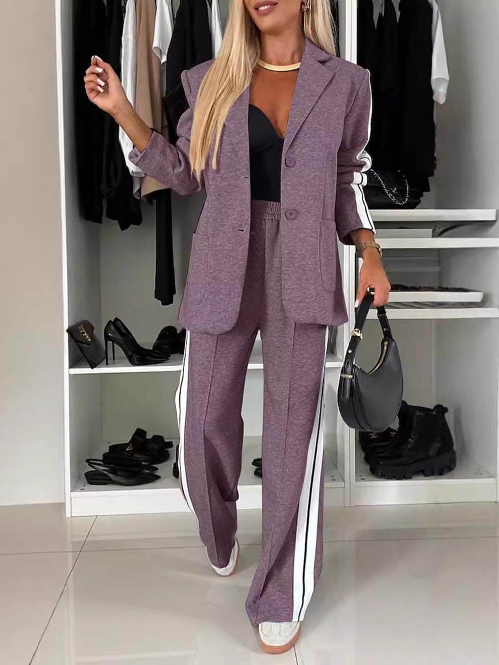 Women's patchwork lapel blazer and trouser co-ord set — full length