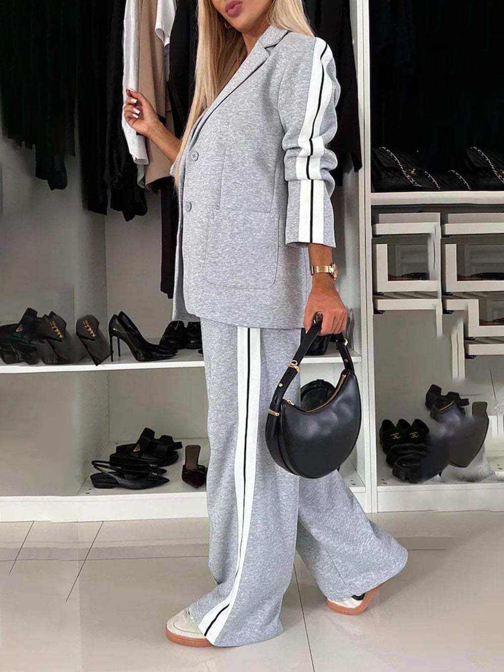 Women's patchwork lapel blazer and trouser co-ord set — full length