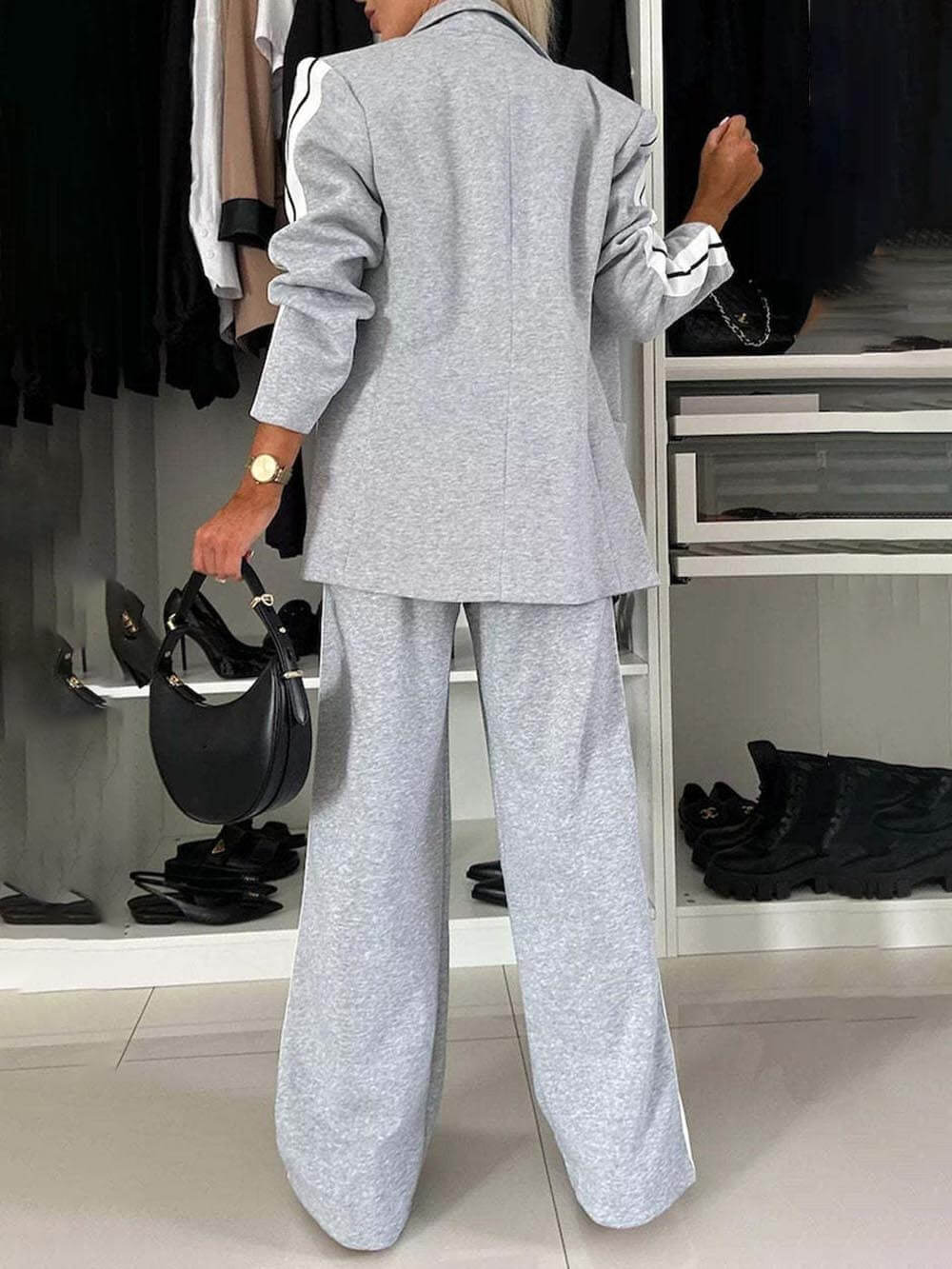 Women's patchwork lapel blazer and trouser co-ord set — full length