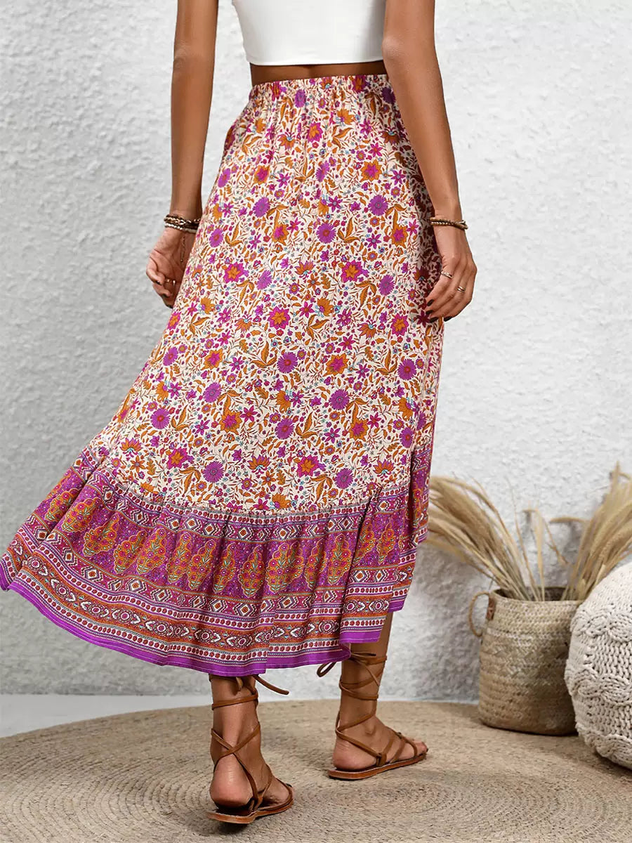 Women's pink asymmetrical midi skirt — side view