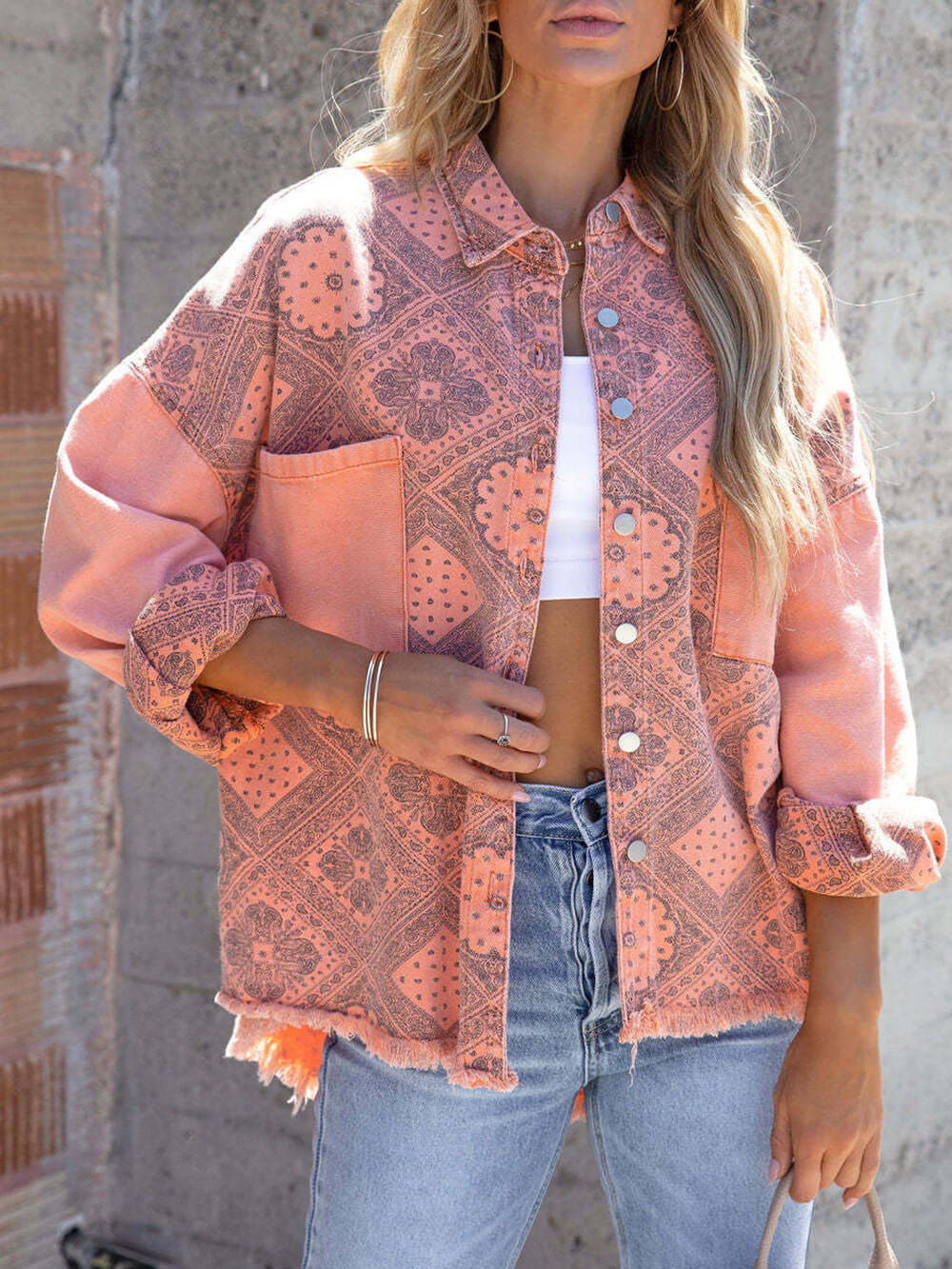Women's pink boho fringe jacket with relaxed fit