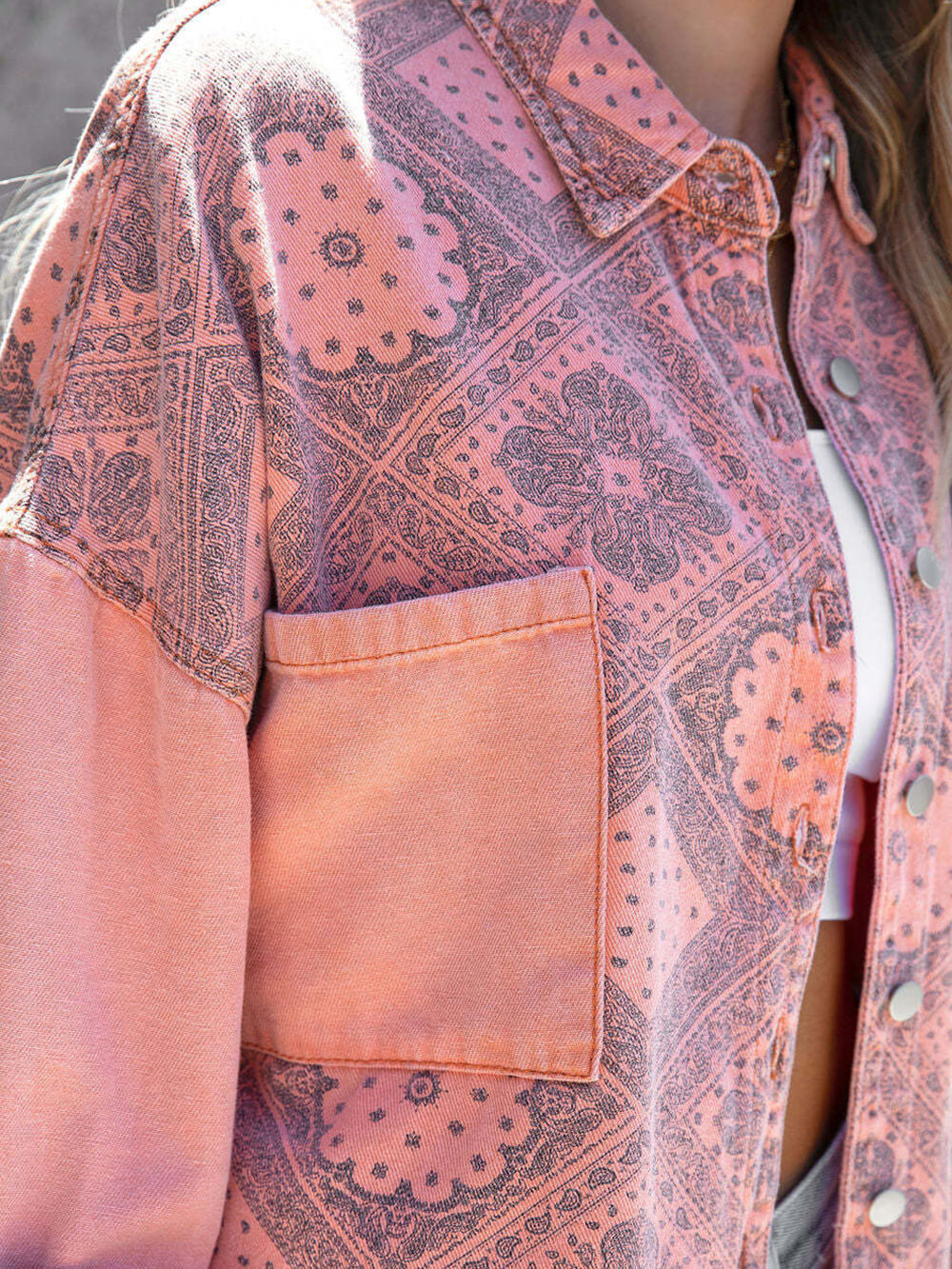 Women's pink boho fringe jacket — side detail