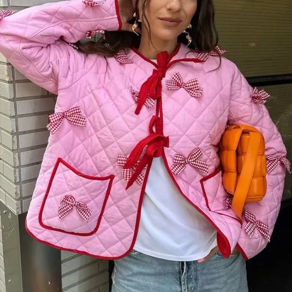Women's Pink Bow Embroidered Quilted Jacket — alternate angle