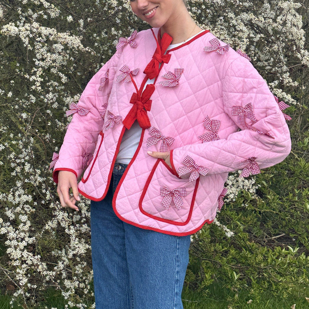 Women's Pink Bow Embroidered Quilted Jacket — styling detail