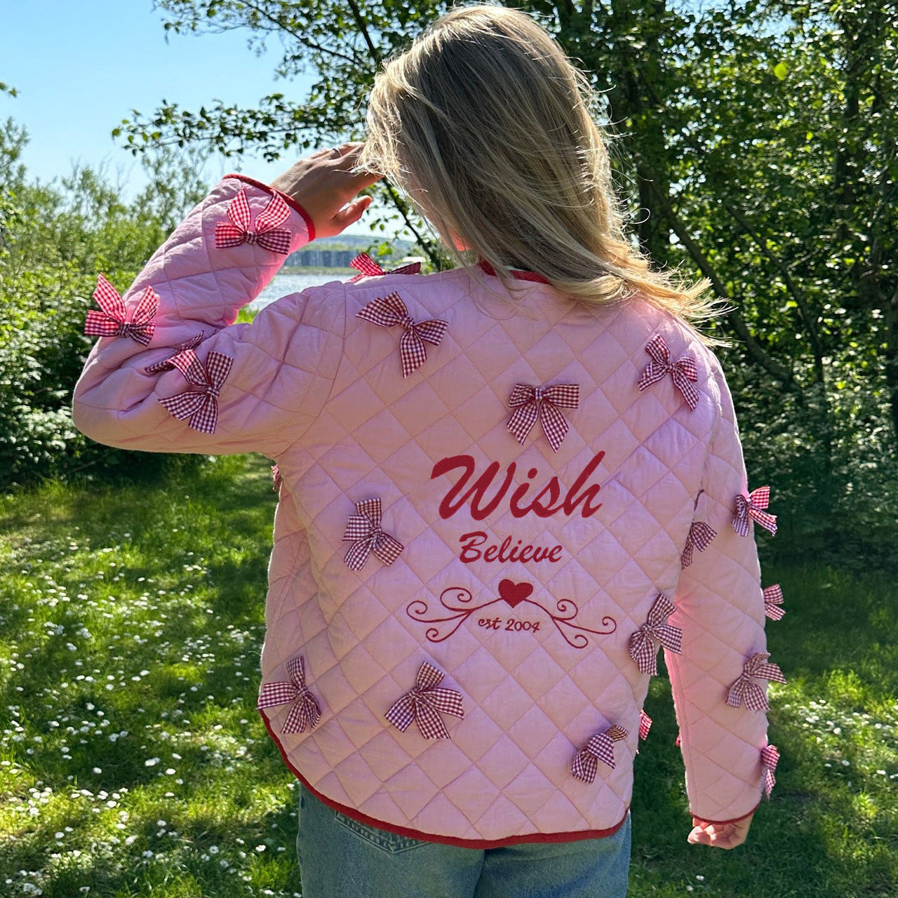Women's Pink Bow Embroidered Quilted Jacket — full length