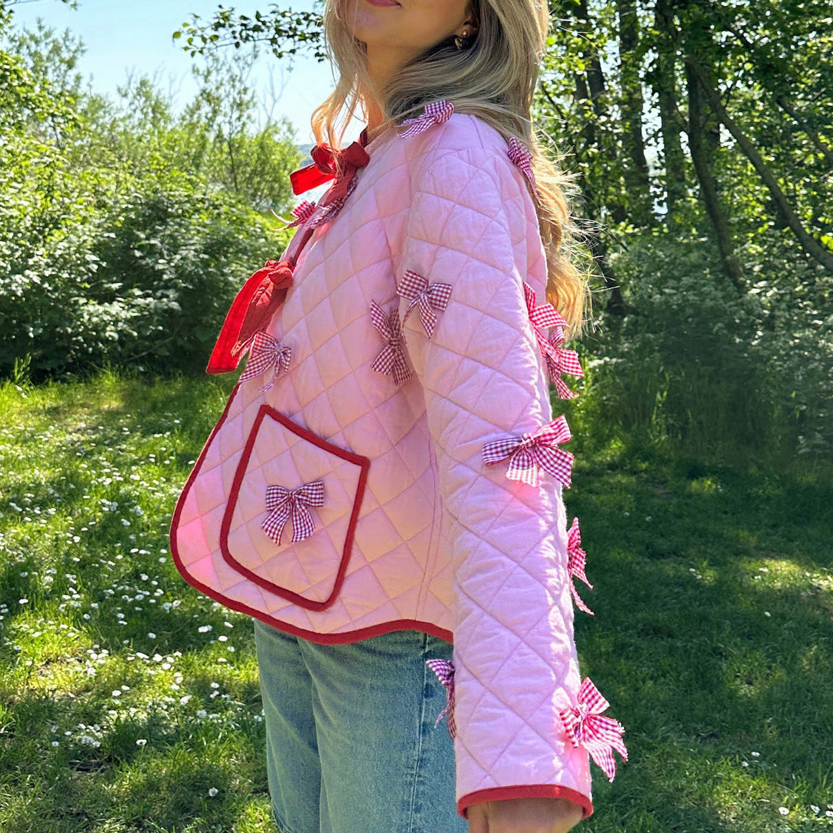 Women's Pink Bow Embroidered Quilted Jacket — styled look