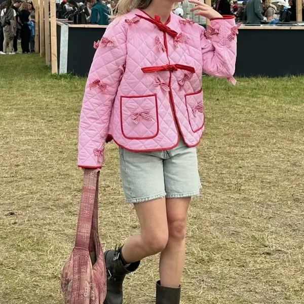 Women's Pink Bow Embroidered Quilted Jacket — fabric detail