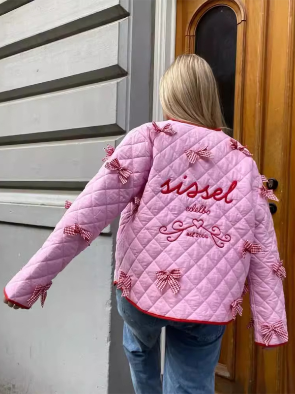 Women's Pink Bow Embroidered Quilted Jacket size chart
