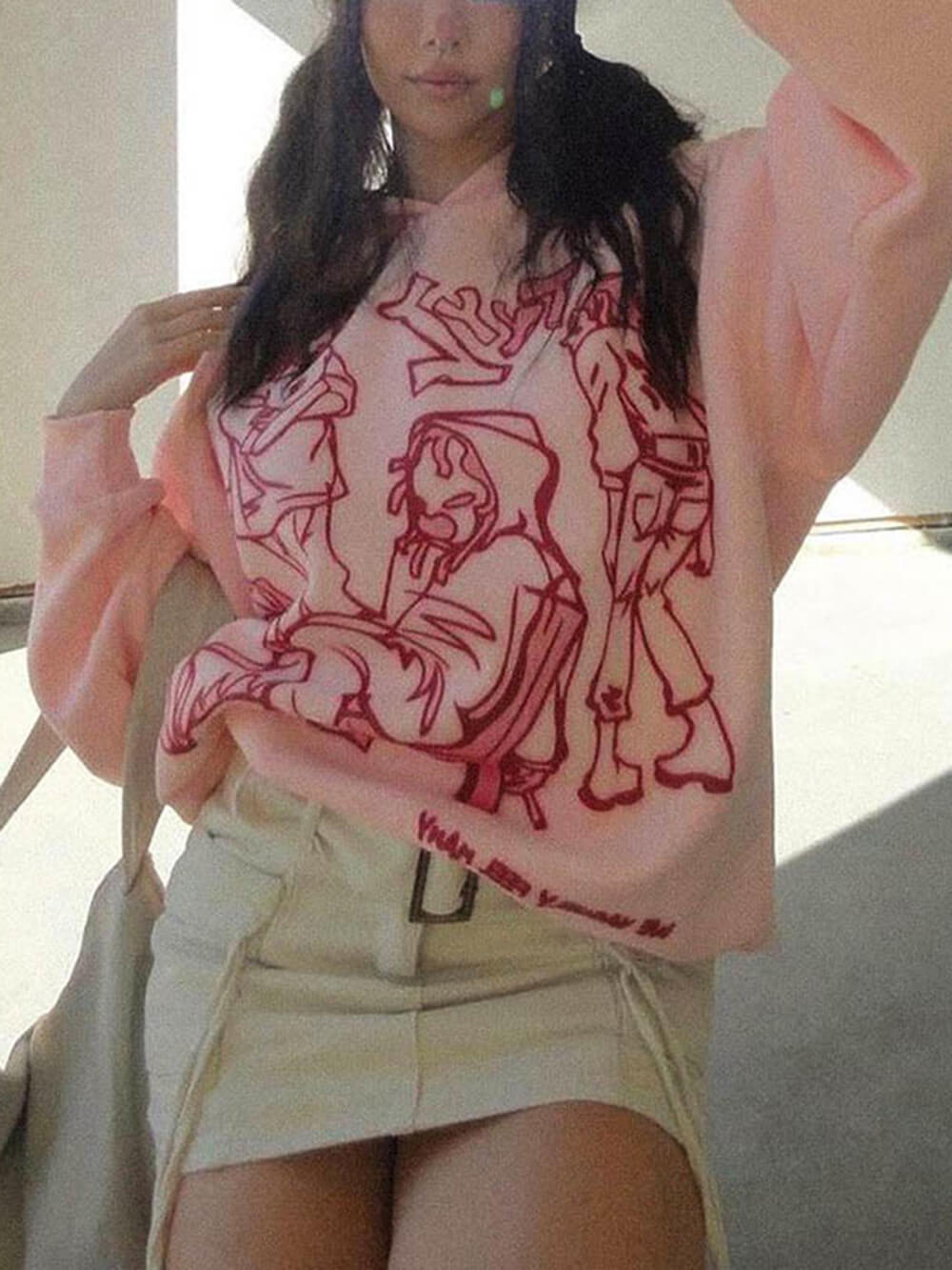 Women's pink cartoon line character print hoodie