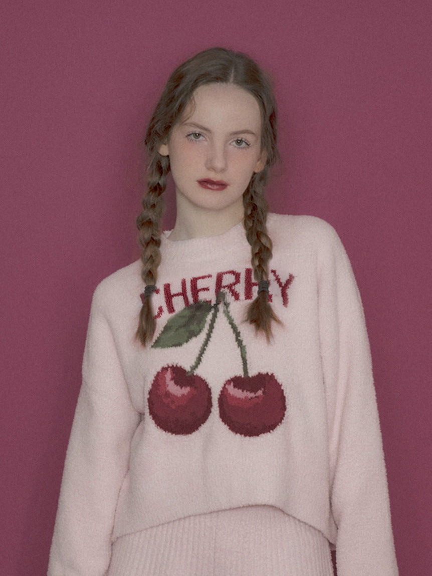 Women's pink cherry print velvet pyjama set — alternate angle