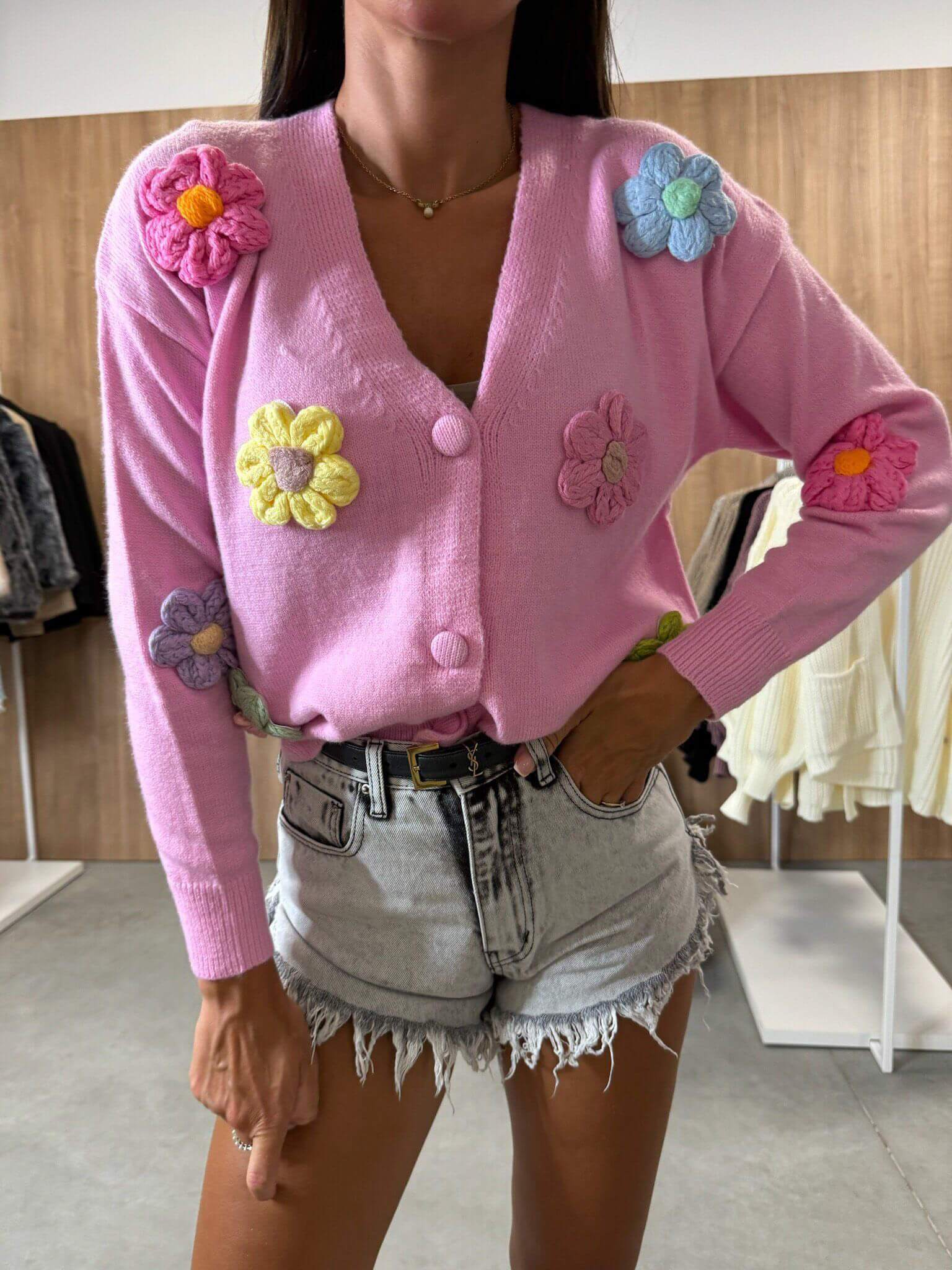 Women's pink crochet flower cardigan