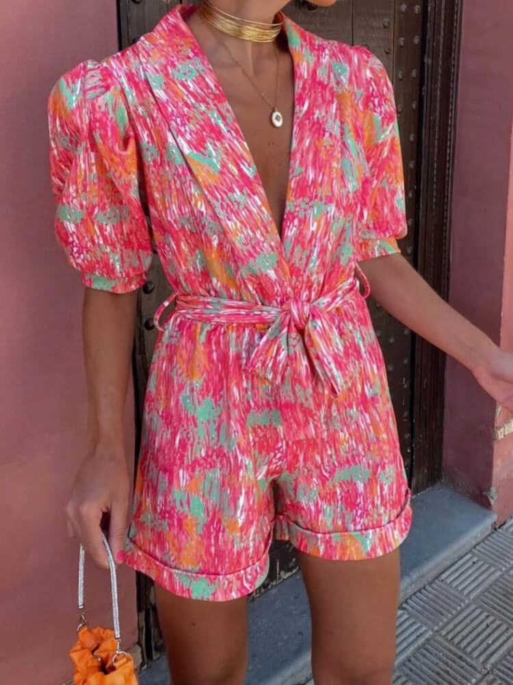 Women's pink floral puff-sleeve playsuit
