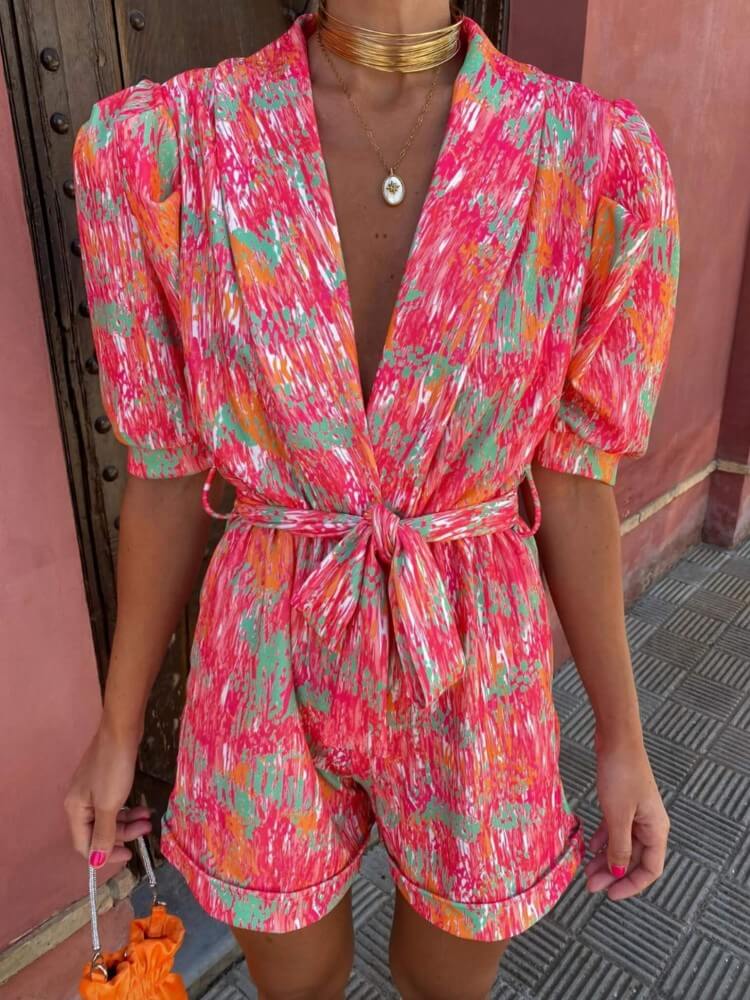 Women's pink floral puff-sleeve playsuit